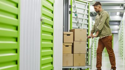 homme cartons dans garde meubles