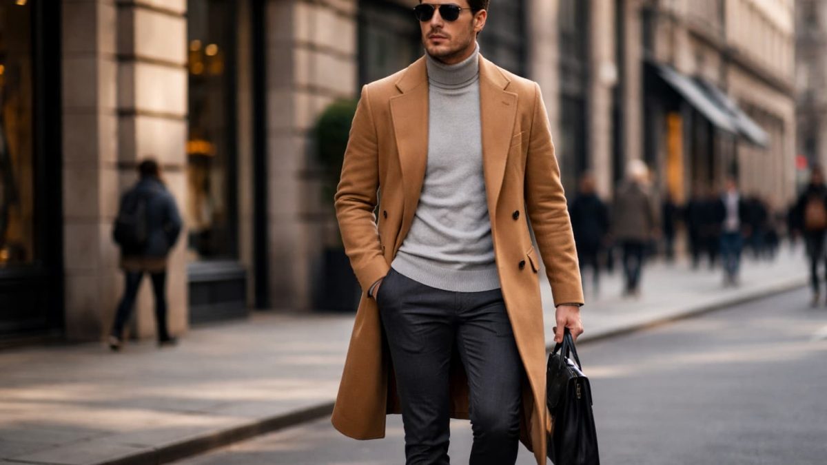 homme en manteau marron